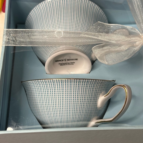 New Grace’s Teaware Tea Cup & Saucer Set For 2 Blue Squared Pattern w/Gold Trim - Picture 6 of 11